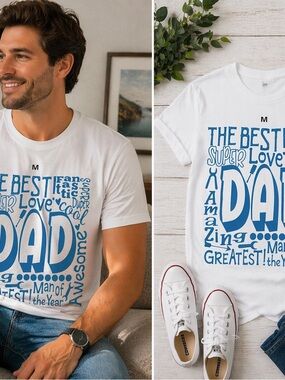 White "DAD" Graphic Tee with Blue Lettering